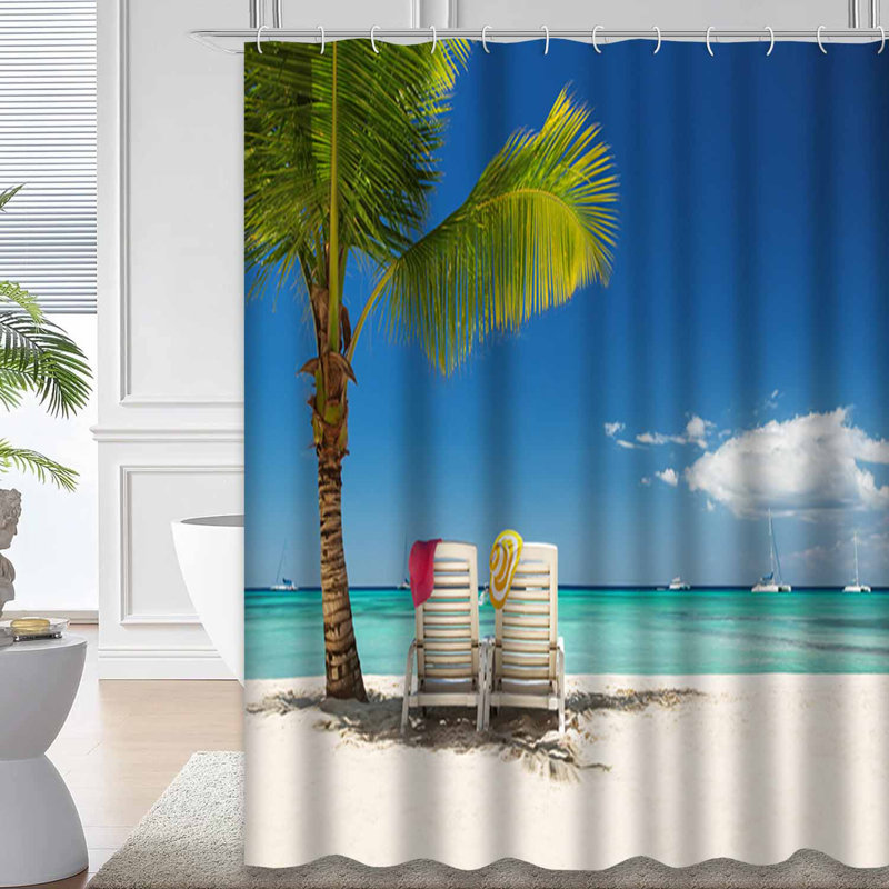 Remote Beach Palm Tree Ocean Relax Shower Curtain with 12 Hooks, 72" L x 84" W