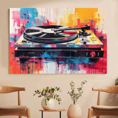 1Pc Framed Canvas Poster Print Colorful Graffiti Art of a Turntable with a Spinning Vinyl Record Wall Art Decor, Perfect for Room Decor Living Room Bedroom Office Kitchen Bathroom Home Decor, Ideal Home Wall Decoration Gift
