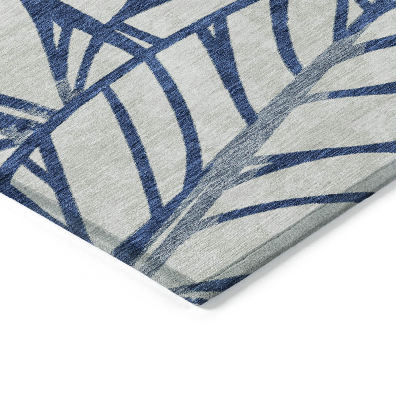10' X 14' Navy Blue And Beige Floral Washable Indoor Outdoor Area Rug, Rectangle 5' x 8'