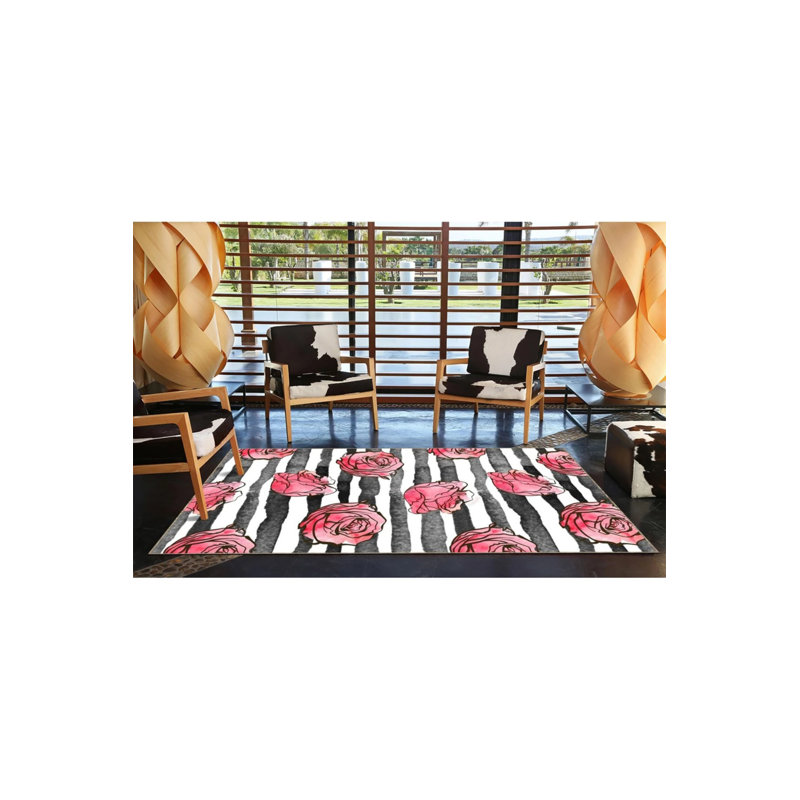 Tapis décoratif moderne à rayures florales grises, Rectangle 2 pi 4 po x 4 pi