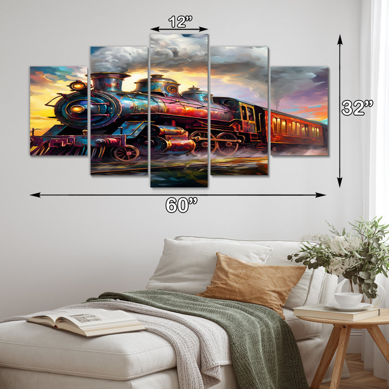«Steamtrain Travelling In The Sunset», peinture I - train, art mural sur toile - 5 panneaux