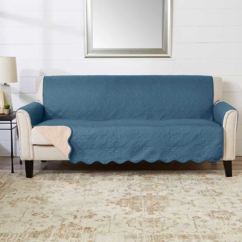 Medallion Reversible Sofa Pet Furniture Protector Slipcover, Smoke Blue / Ivory, 0.5" H x 118" W x 75" D