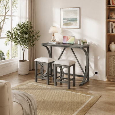 Ensemble de table de salle à manger à hauteur de comptoir 3 pièces Farmhouse avec port USB et tabourets rembourrés, gris