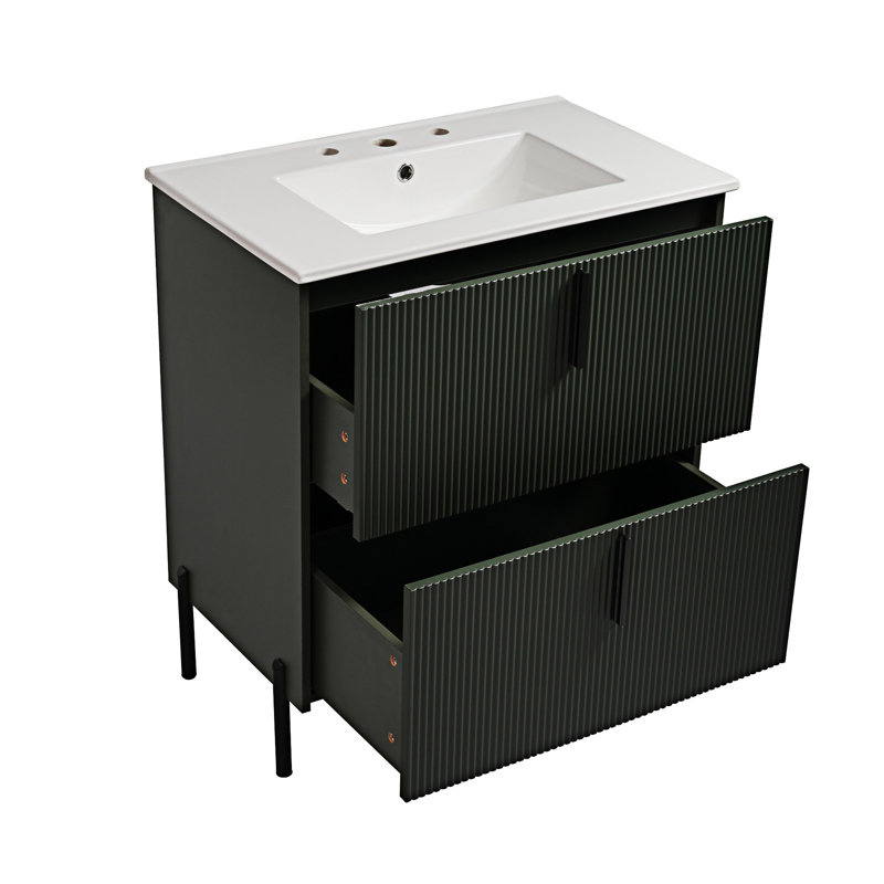 Bathroom Vanity With Ceramic Sink And Drawers, Green