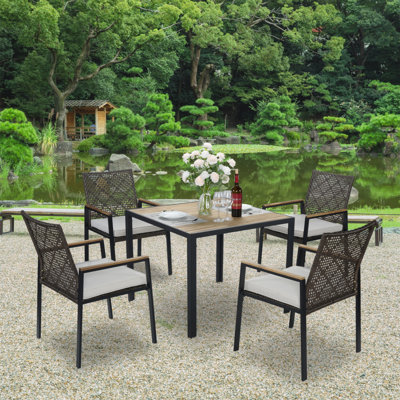 Ensemble de table de salle à manger toutes saisons 5 pièces, ensemble de conversation pour patio avec trou de parasol, rotin extérieur, couleur café
