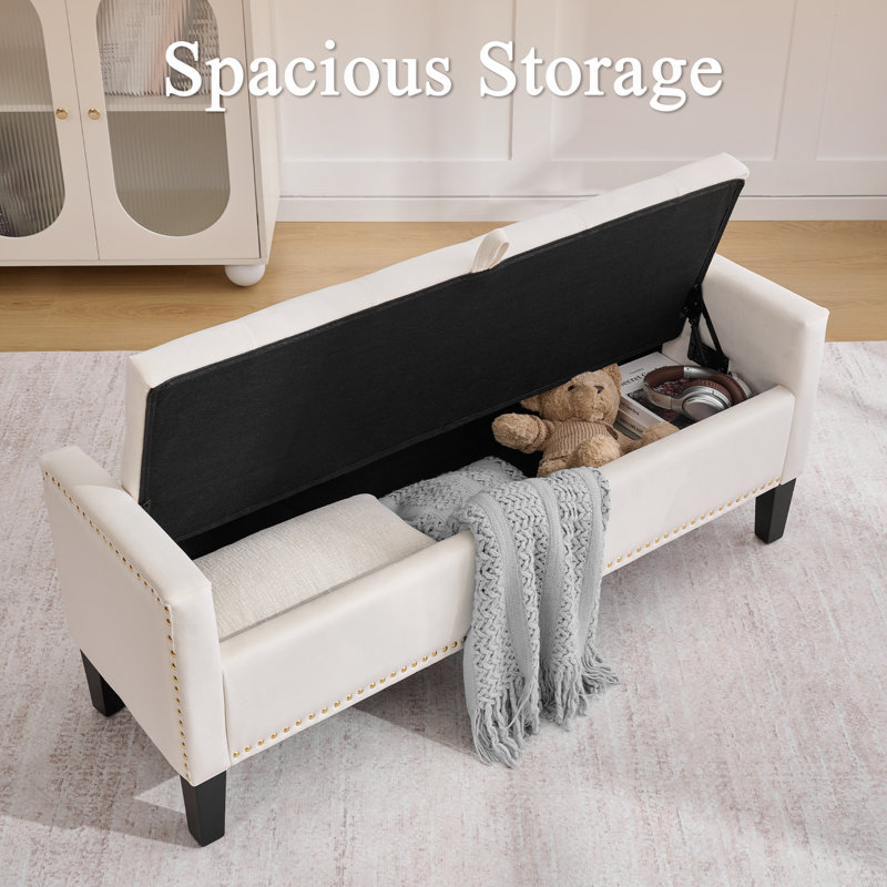 50" Wide Velvet Tufted Rectangle Storage Ottoman, Beige