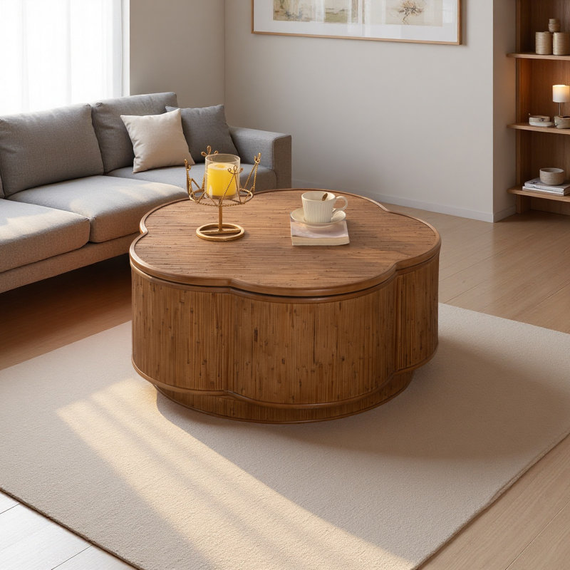 Table basse en rotin en forme de fleur avec rangement amovible, style boho-chic, parfaite pour les salons confortables