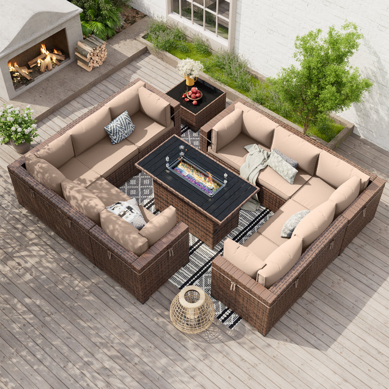Ensemble de conversation modulaire en rotin Babak avec foyer et table basse, Kaki, 10