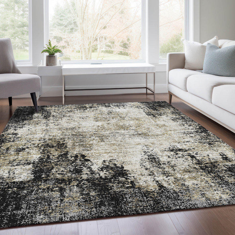 Premium Machine Washable Prisco Black Rug, Rectangle 9' x 12'