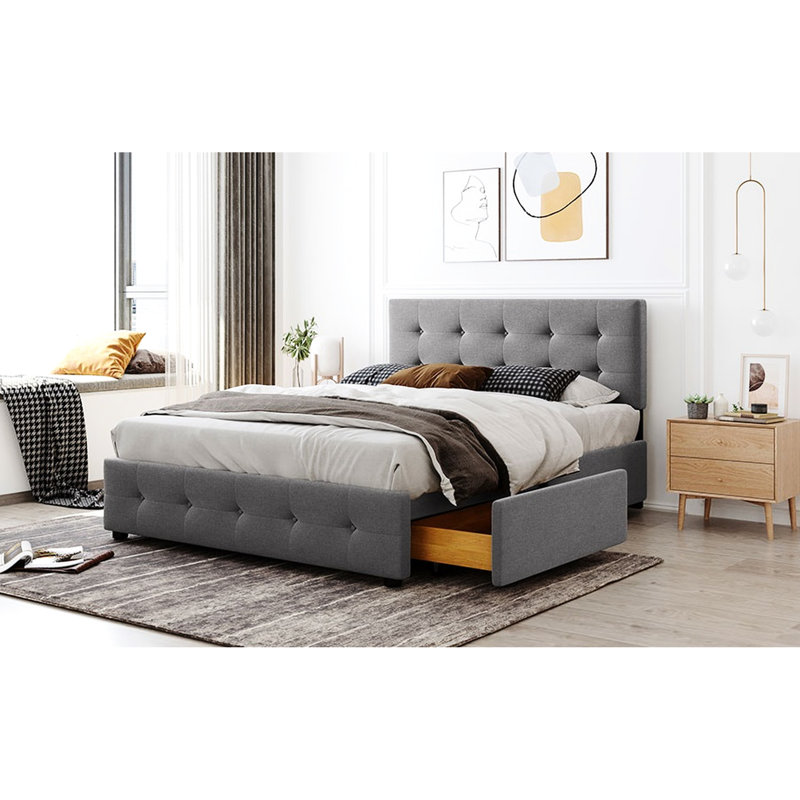 Upholstered Queen Platform Bed With 4 Drawers And Classic Headboard - Gray No Box Spring Attractive Button- In Size Strong Chic Design