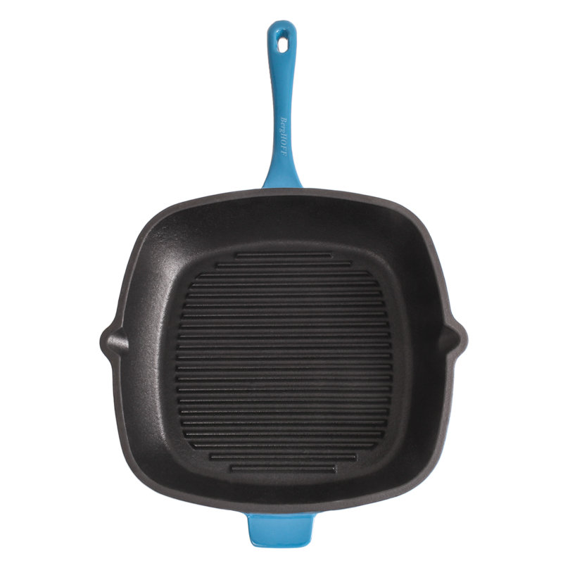 BergHOFF Neo 3Pc Cast Iron Cookware Set with 11" Grill Pan and 3Qt. Covered Dutch Oven, Blue