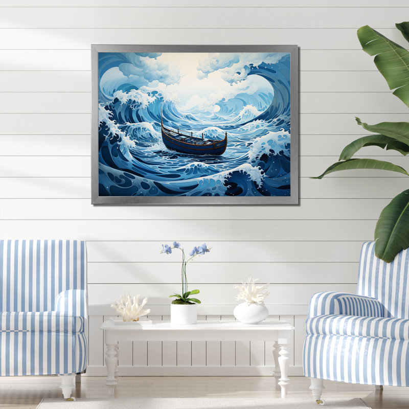 Bleu surréel, bateau côtier, Cadre de coin argenté fermé, H 24 po x l 32 po x P 1 po