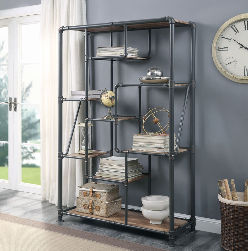 Bibliothèque géométrique Forshee en chêne antique et gris sable, (7 tablettes) 75 po H x 49 po L x 20 po P