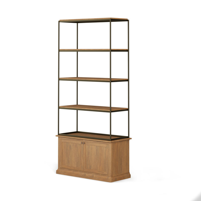 HomeRoots 42" Antiqued Brass And Light Brown Distressed Metal and Solid Wood Four Tier Bookcase with Two Doors