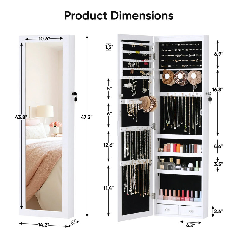 Armoire à bijoux à miroir 47 po à DEL, organisateur de bijoux mural ou à porte, grand rangement verrouillable pour cosmétiques de grande capacité