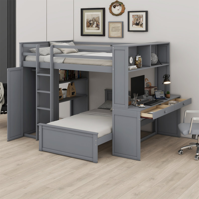 Lit superposé avec lit autonome, tablettes, bureau et garde-robe, Gris, Lit double