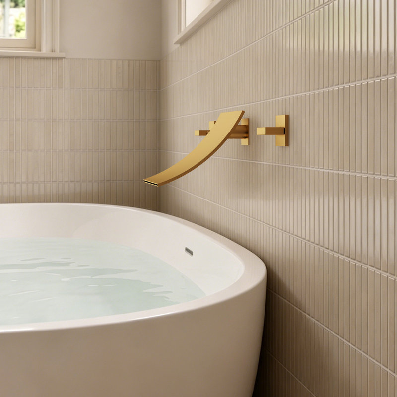2 Handle Wall Mount Waterfall Bathroom Roman Tub Faucet, Brushed Gold