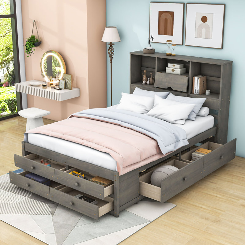 Lit plateforme en bois avec tablettes de rangement et 8 tiroirs Bundrage, Grand, gris