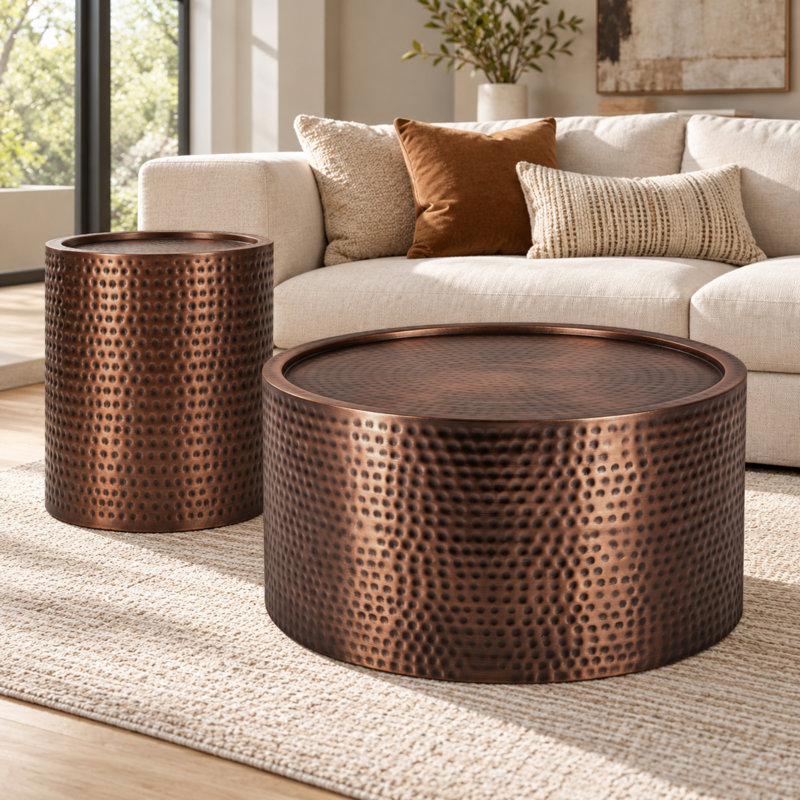Round Coffee Table and End Table Set with Copper Finish, Hammered Metal , Copper