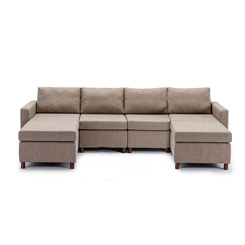 Canapé modulaire à méridienne rembourrée Gerta, Lin 100 % brun