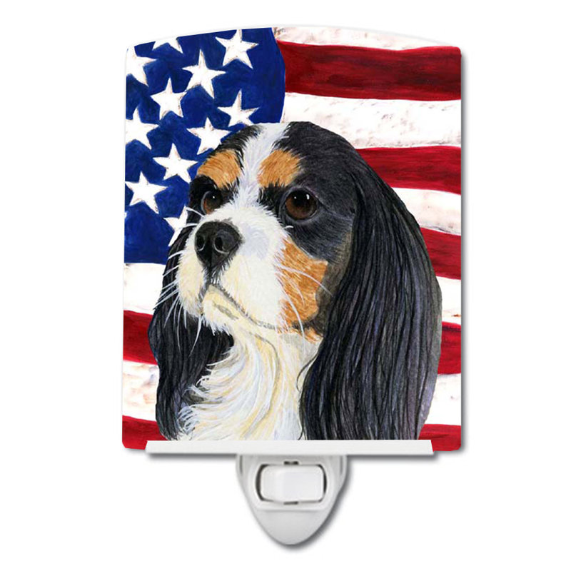 Drapeau américain avec éclairage en céramique terrier fox american, Épagneul cavalier noir