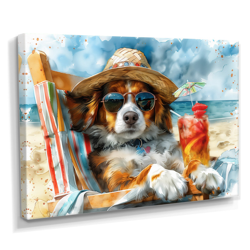 Bouvier bernois avec un cocktail sur la plage, Toile tendue, H 16 po x l 32 po x P 1 po