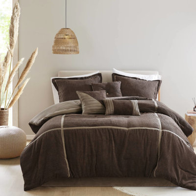 Édredon 7 pièces très grand en velours côtelé - brun, style moderne, 1 édredon, 2 taies décoratives, 3 coussins décoratifs, chambre à coucher brun pour lit, literie douillette et élégante