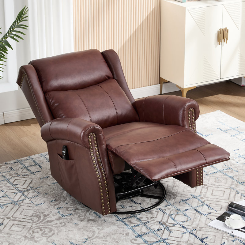 34.8"W Genuine Leather Manual Swivel Rocker Recliner Vintage Recliner With Heated Massage, Burgundy