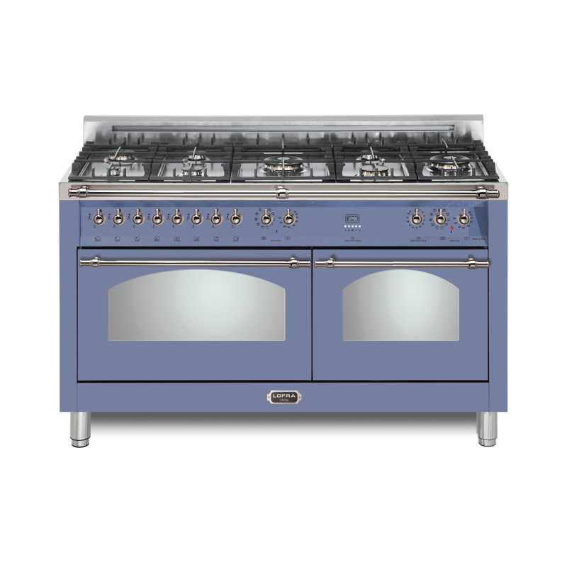 Cuisinière à double combustible 60 pouces avec 8 brûleurs en laiton scellés Lofra Dolcevita Series, Lavande / chrome