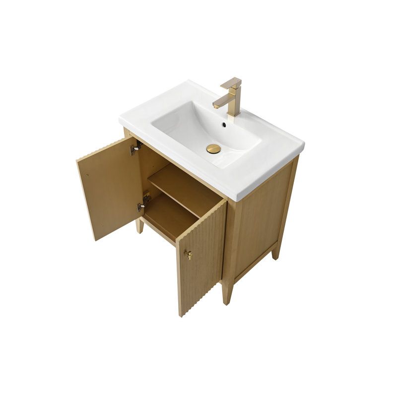 Meuble-lavabo sur pied à simple cuve 30 po avec plateau en céramique blanche, Chêne linéaire linéaire, Doré brossé, 30"