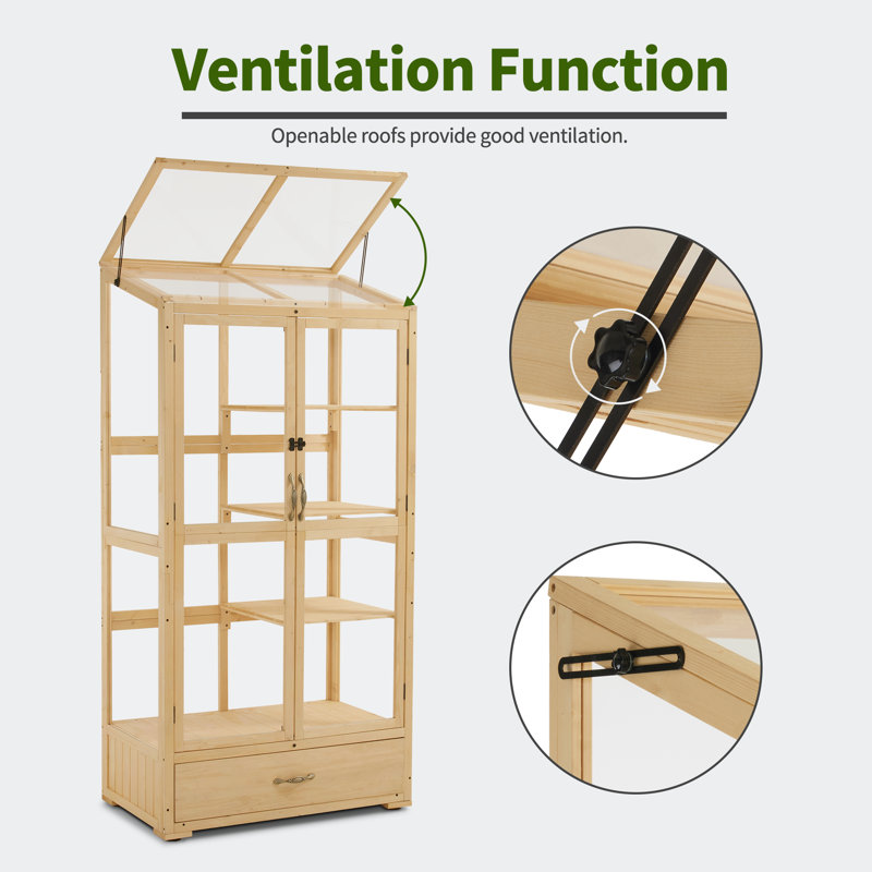 Natural Wood 3-Tier Cold Frame Greenhouse with Sliding Doors