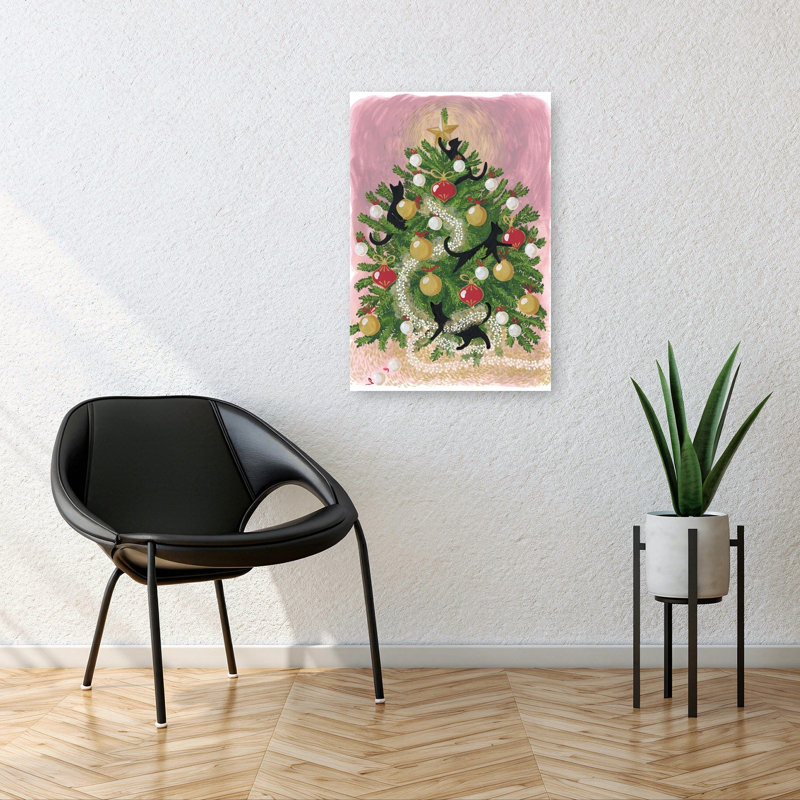 Mischievous Christmas Cats Playful Abstract Contemporary Christmas Tree Cat Winter Landscape Wall Art Print by Rosana Laiz Blursbyai - Wrapped Canvas Print