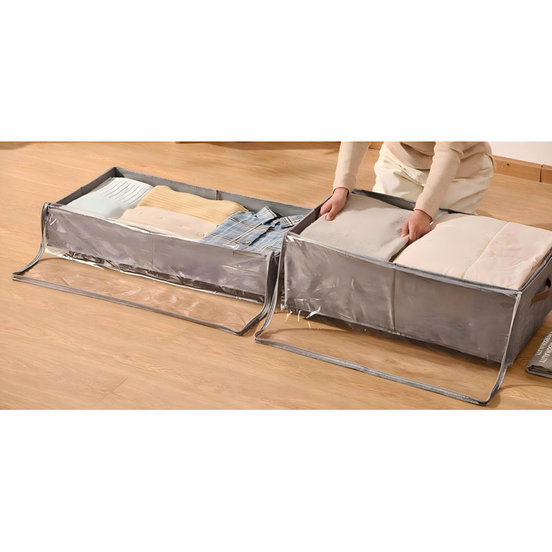 Grand rangement sous le lit avec roulettes, bac à chaussures sous le lit avec couvercle transparent, panier de rangement sous le lit avec sac à roulettes, paquet de 2 (gris)