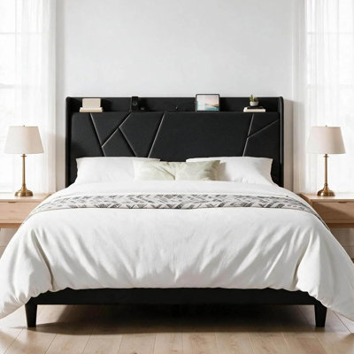 Full Size Bed Frame with Storage and Upholstered Headboard, Black