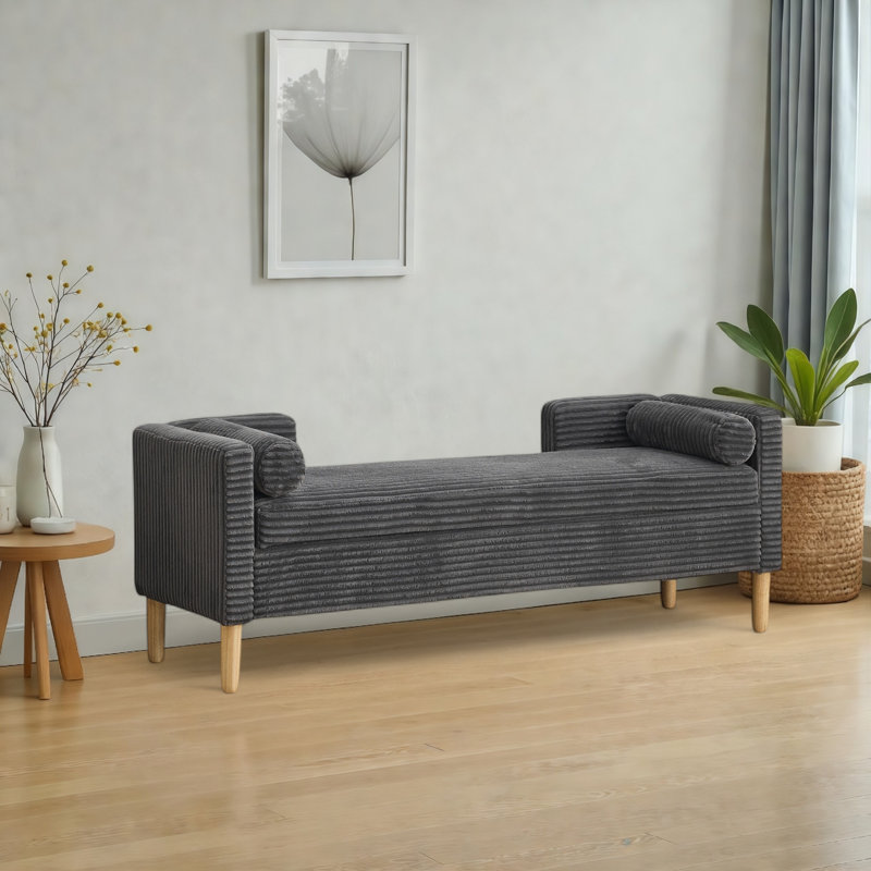 65.3" W Upholstered Storage Bench With Bolster Pillows, Charcoal