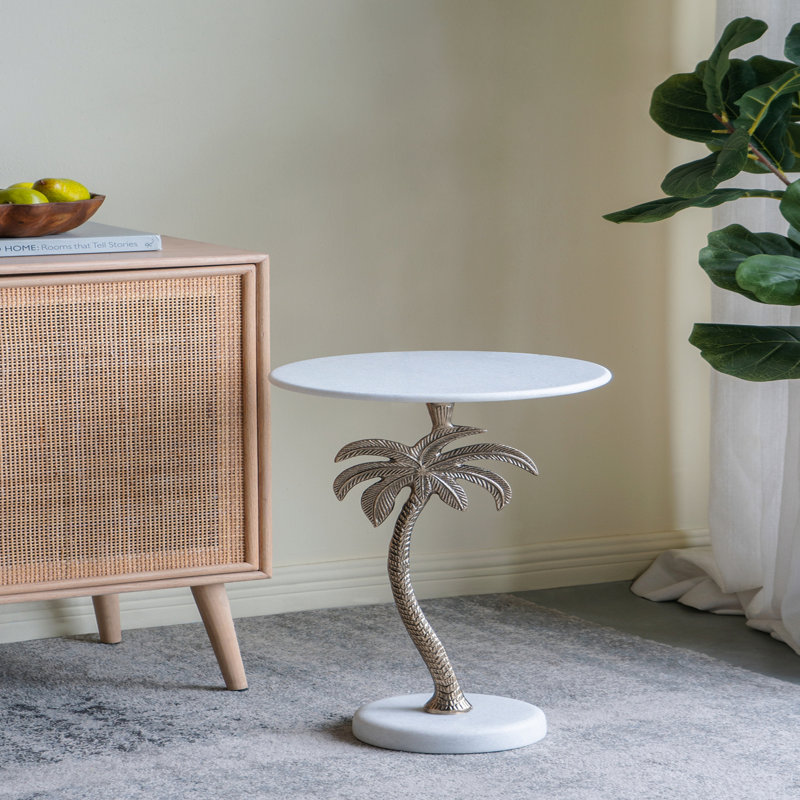 Table d'appoint ronde 14 po x 14 po x 24 po - Plateau en marbre blanc, motif de palmier doré