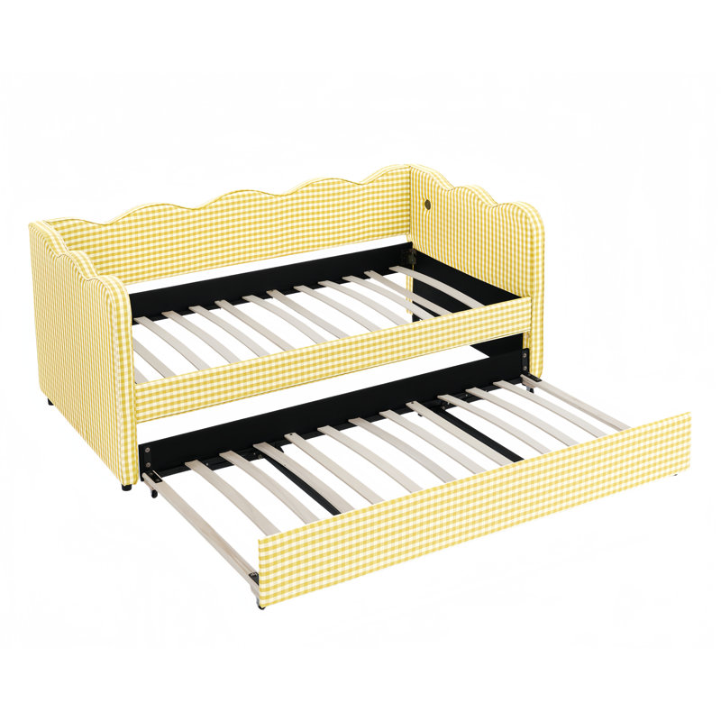 Lit de jour simple adorable en forme de vague en tissu de lin Vichy douillet ， avec port USB gigogne ， Aucun sommier nécessaire
