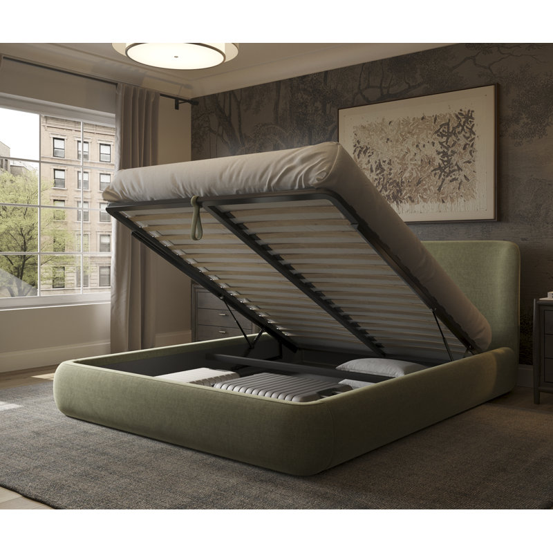 Lit plateforme tapissier avec mécanisme de rangement, tissu performant, Très grand, Vert