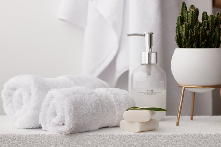 two rolled white washcloths stacked beside bar of soap, glass soap dispenser, and potted cactus on white bathroom counter