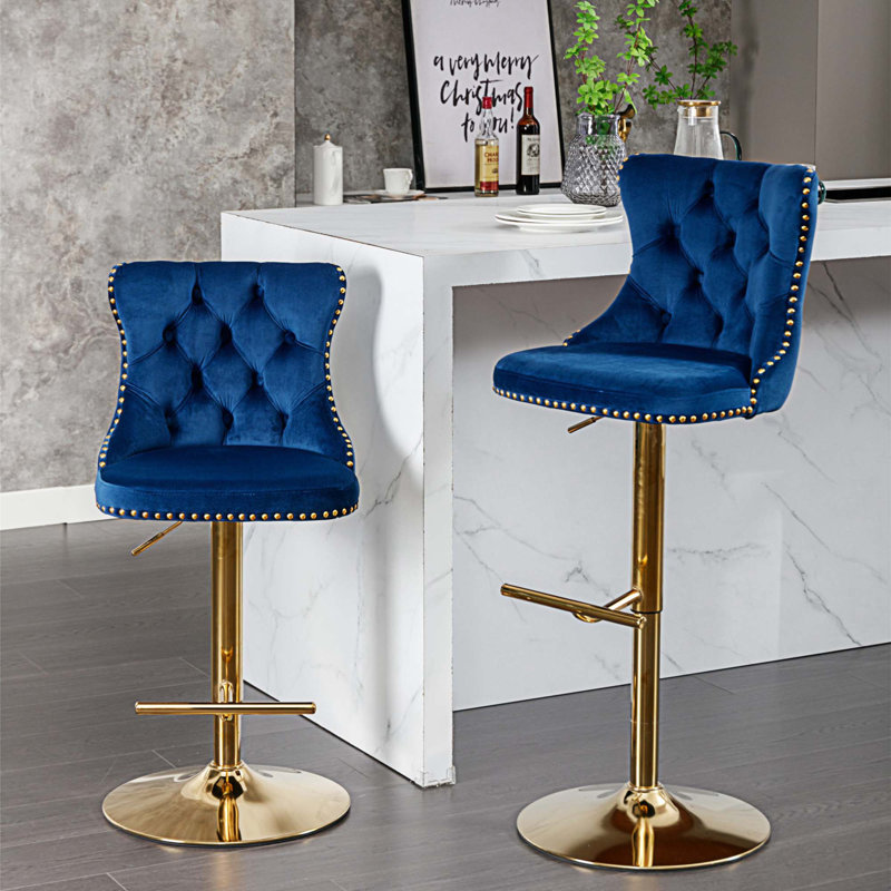 Tabouret à hauteur réglable Blevens, Bleu, Doré