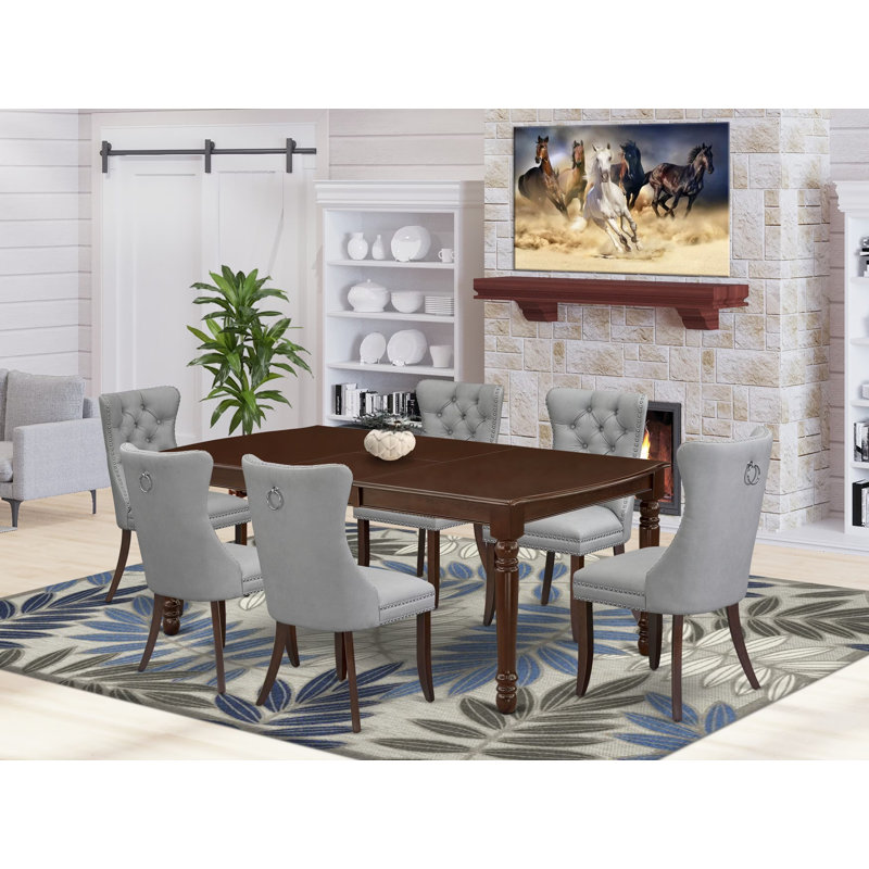 Ensemble de salle à manger 7 pièces composé d'une table de cuisine rectangulaire avec rallonge amovible et 6 chaises rembourrées, 42 x 78 pouces, acajou