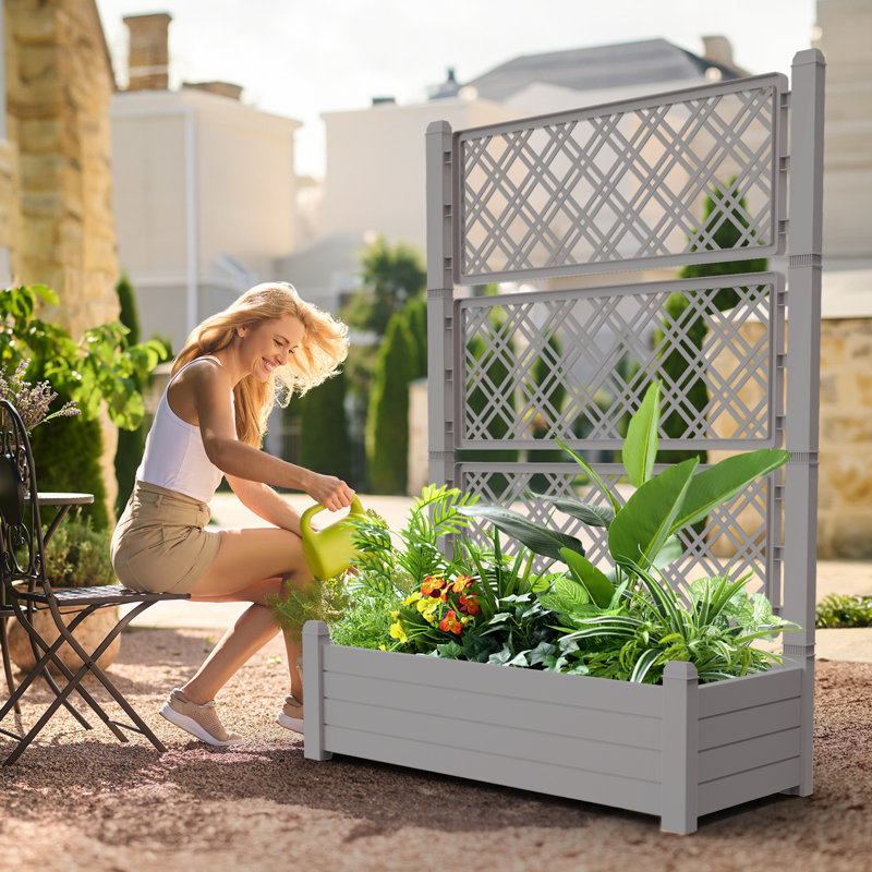 59" Tall Raised Garden Bed,Outdoor Large Resin Planter Box With Trellis And Drain Plug For Climbing Plants, Gray