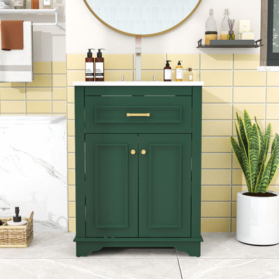 Meuble-lavabo de salle de bain avec lavabo en céramique intégré, tiroir basculant et tablettes réglables