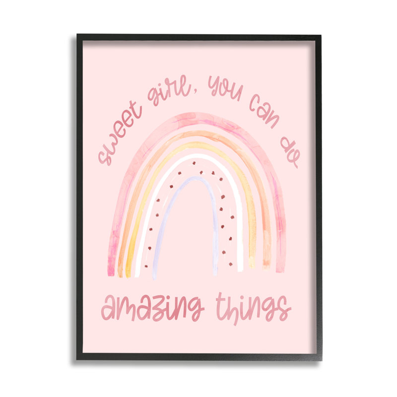 «Sweet Girl Amazing Things», phrase arc-en-ciel tacheté rose, H 14 po x l 11 po, Giclée encadrée noir minuit