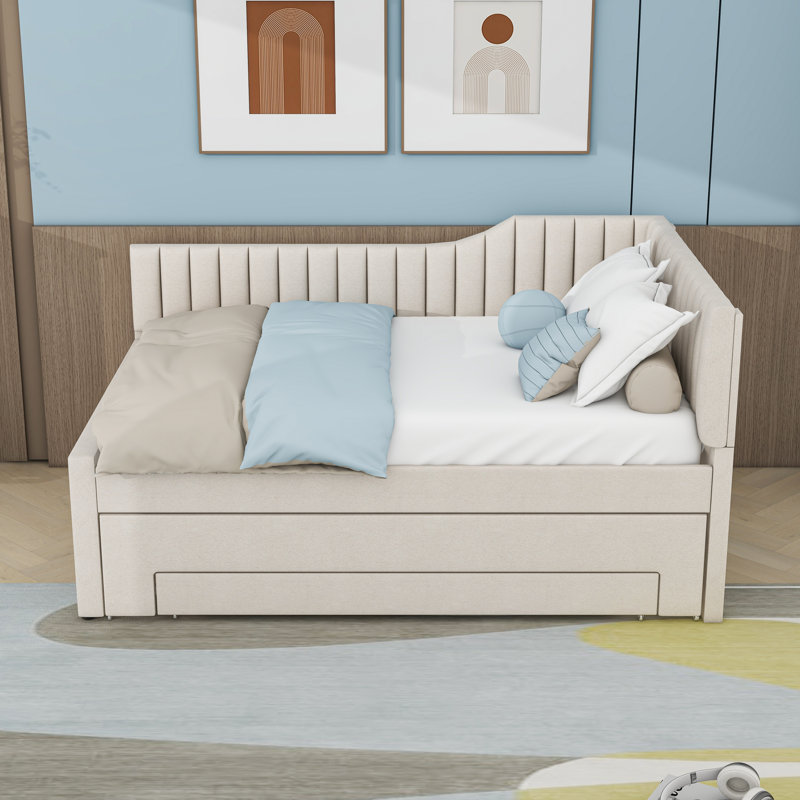 Lit de jour rembourré avec trois tiroirs et lit gigogne, Beige, Double