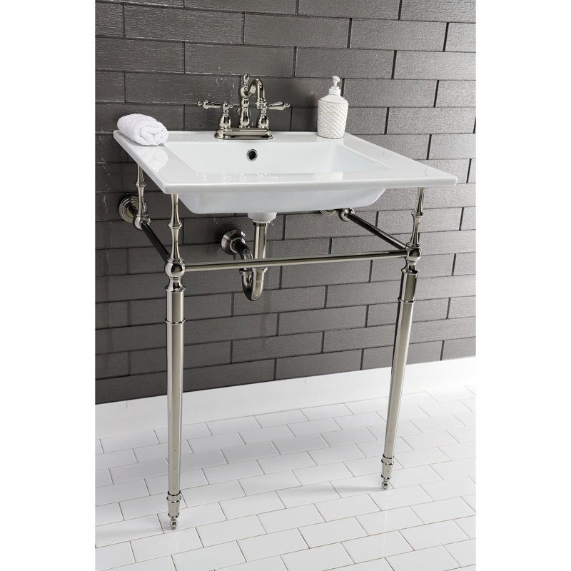 Kingston Brass Edwardian 25-Inch Ceramic Console Sink with Brass Legs (4-Inch, 3-Hole), White/Polished Nickel