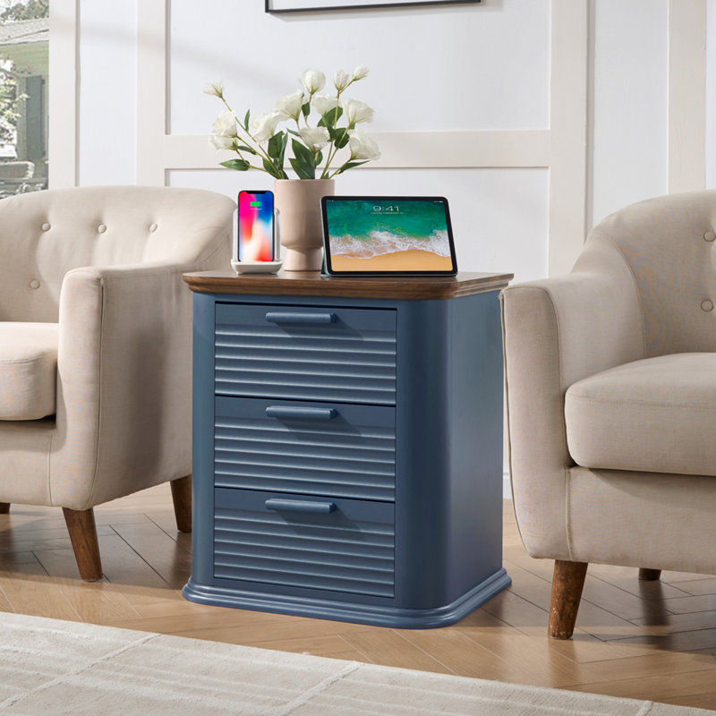 Table de chevet avec station de charge, table de bout avec 3 tiroirs pour le salon, chambre à coucher, Marine