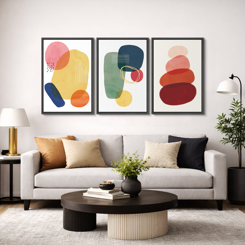 Abstrait aux couleurs vives, "Boho Bold Bright Circle Art", images murales géométriques colorées et modernes, impression sur toile encadrée, 3 pièces, art mural "16" x 24 "x 3 pièces, 24" x 36 "x 3 pièces