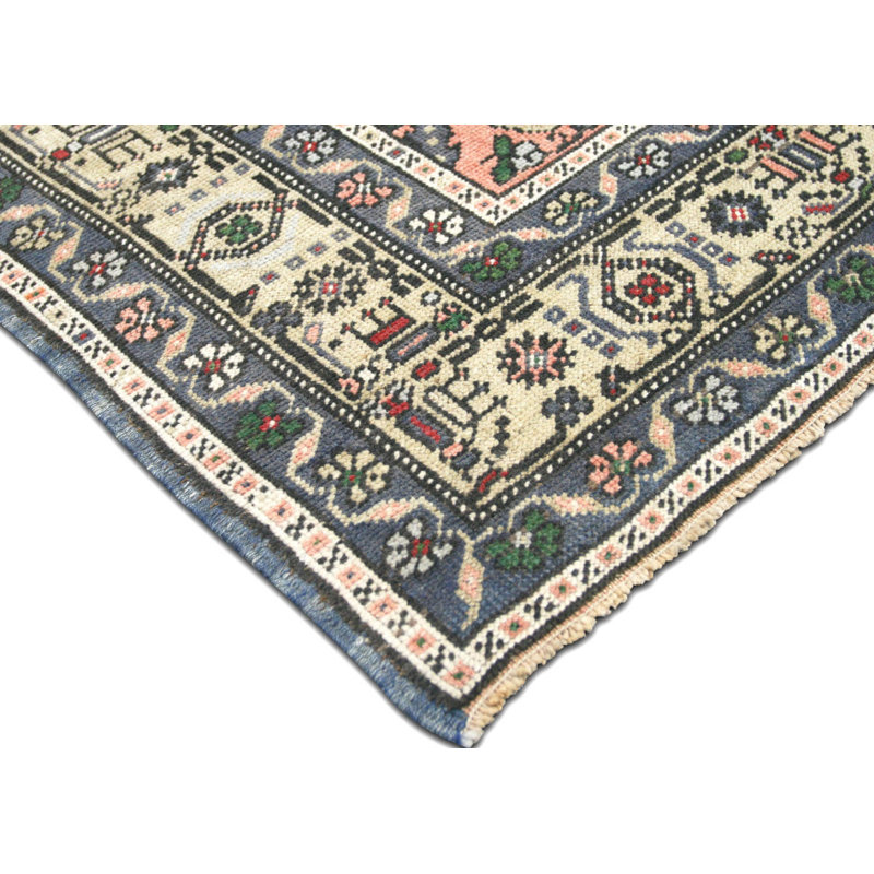 Tapis unique en laine noué à la main de style années 1960 de 5 pi 9 po x 9 pi 4 po orange / bleu