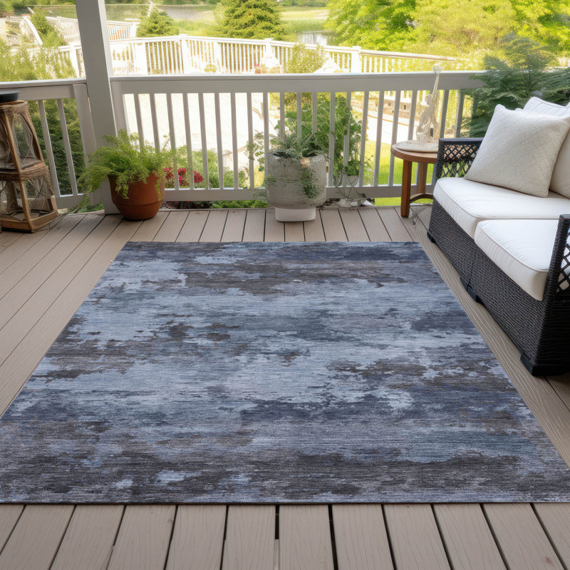Tapis bleu intérieur / extérieur lavable à la machine Xhevrie, Rectangle 10 pi x 14 pi